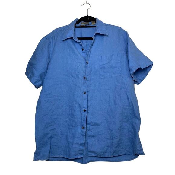 Axist Men's 100% Linen Button Up Shirt Blue Solid Short Sleeve Business Casual - Picture 1 of 11